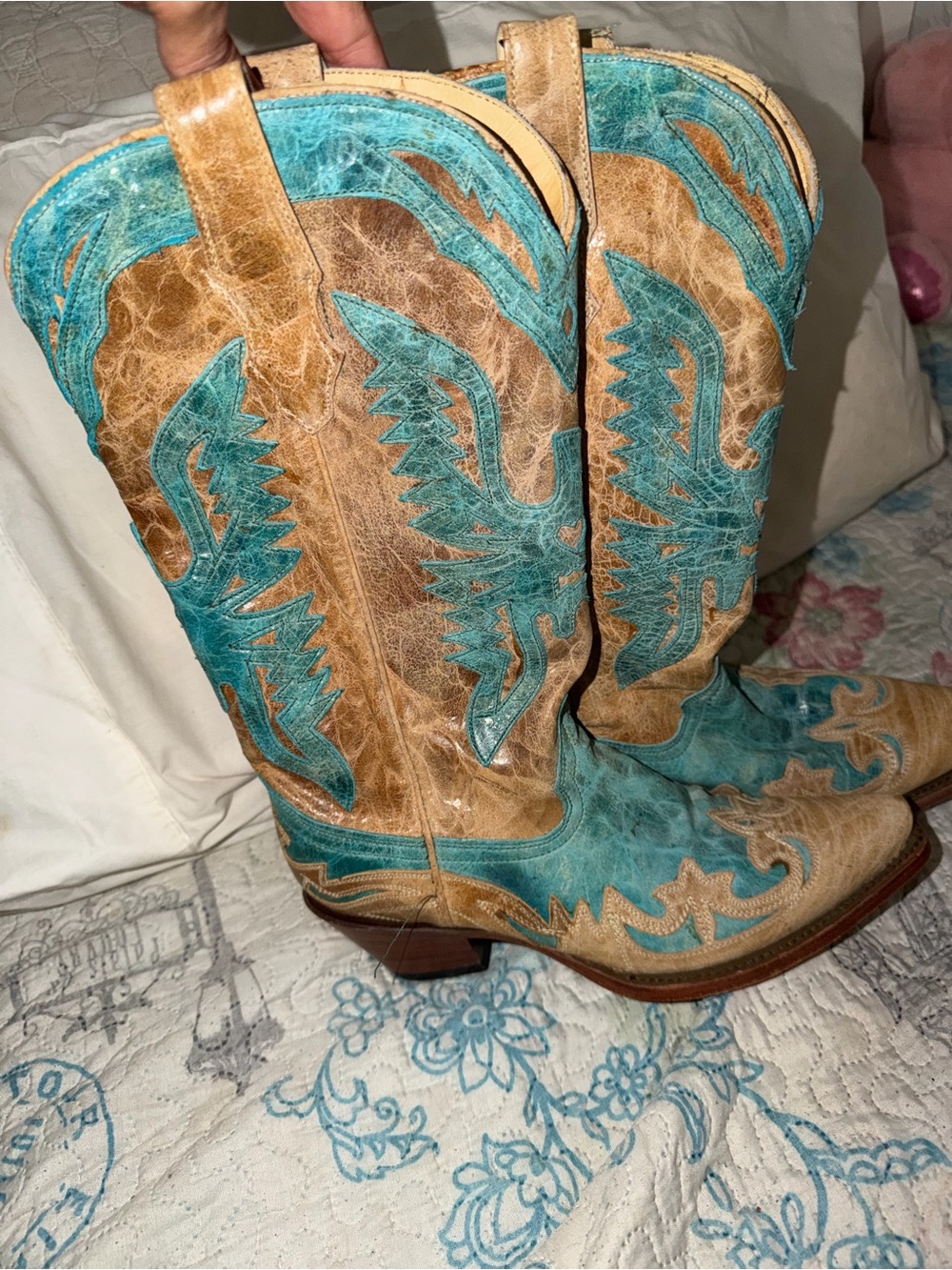 Turquoise and Tan Distressed Leather Western Cowboy Boots